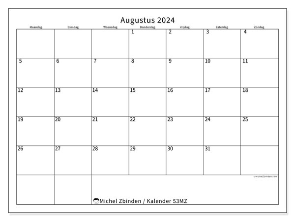Kalender augustus 2024 “53”. Gratis af te drukken agenda.. Maandag tot zondag