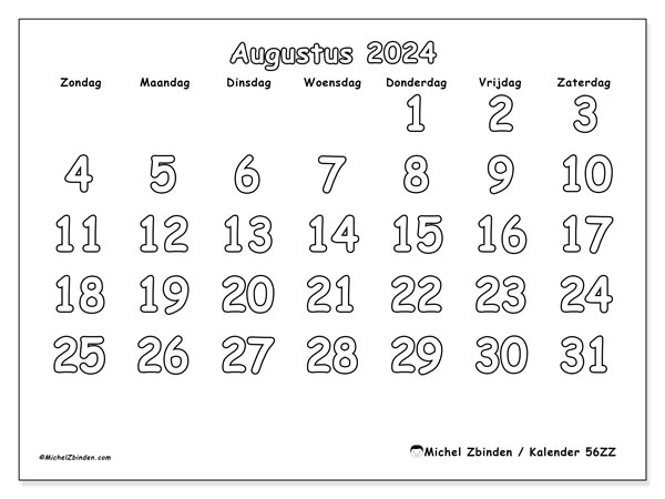Kalender augustus 2024 “56”. Gratis printbaar schema.. Zondag tot zaterdag