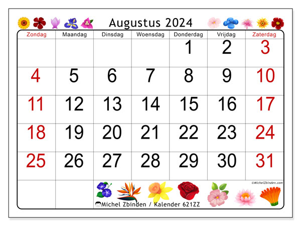 Kalender augustus 2024 “621”. Gratis printbare kaart.. Zondag tot zaterdag