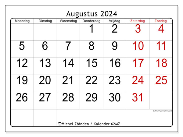 Kalender augustus 2024 “62”. Gratis afdrukbaar programma.. Maandag tot zondag