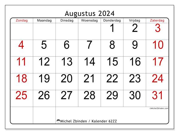 Kalender augustus 2024 “62”. Gratis afdrukbaar programma.. Zondag tot zaterdag