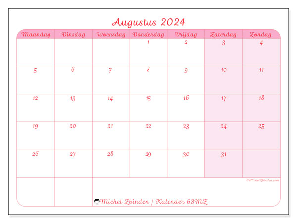 Kalender augustus 2024 “63”. Gratis printbare kaart.. Maandag tot zondag