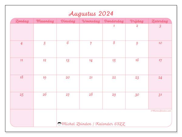 Kalender augustus 2024 “63”. Gratis printbare kaart.. Zondag tot zaterdag