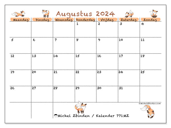 Kalender augustus 2024 “771”. Gratis afdrukbare kalender.. Maandag tot zondag