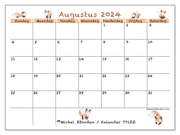 Kalender augustus 2024 “771”. Gratis afdrukbare kalender.. Zondag tot zaterdag