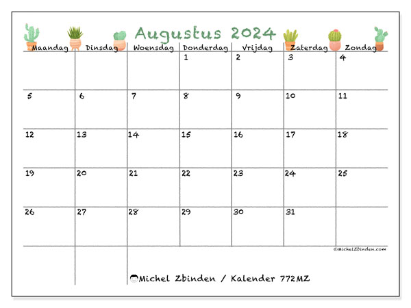 Kalender om af te drukken, augustus 2024, 772MZ