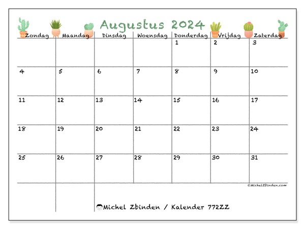 Kalender augustus 2024 “772”. Gratis printbare kaart.. Zondag tot zaterdag