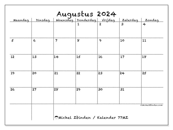 Kalender augustus 2024 “77”. Gratis afdrukbare kalender.. Maandag tot zondag