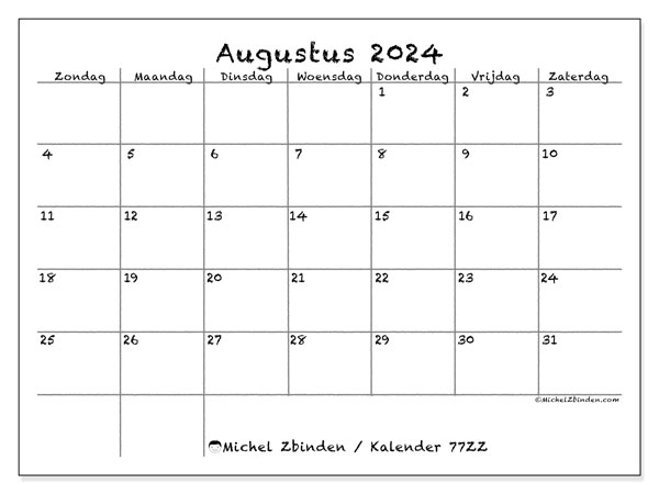 Kalender augustus 2024 “77”. Gratis afdrukbare kalender.. Zondag tot zaterdag