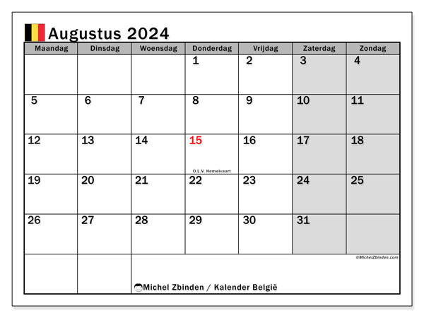 Kalender augustus 2024 “België”. Gratis afdrukbare kalender.. Maandag tot zondag