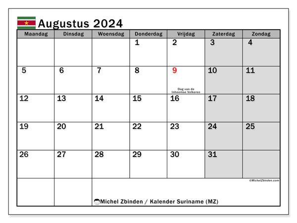 Kalendarz sierpień 2024 “Surinam”. Darmowy kalendarz do druku.. Od poniedziałku do niedzieli