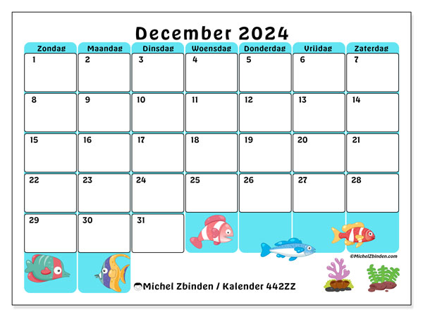 Kalender december 2024 “442”. Gratis afdrukbaar programma.. Zondag tot zaterdag