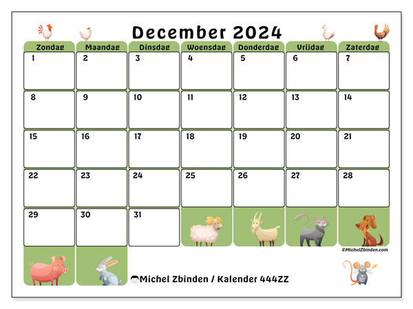 Kalender december 2024 “444”. Gratis printbaar schema.. Zondag tot zaterdag