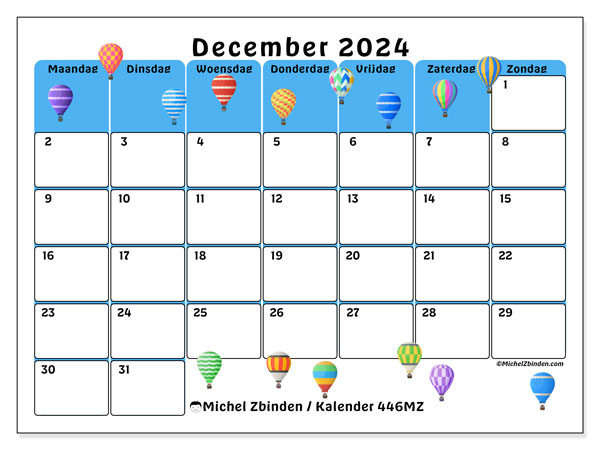 Kalender december 2024 “446”. Gratis afdrukbare kalender.. Maandag tot zondag