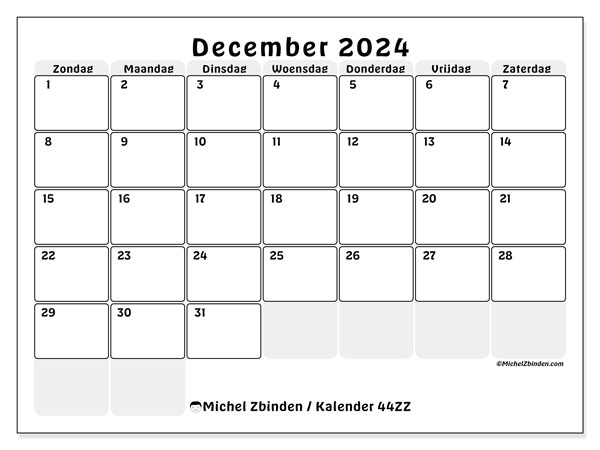 Kalender december 2024 “44”. Gratis afdrukbaar programma.. Zondag tot zaterdag