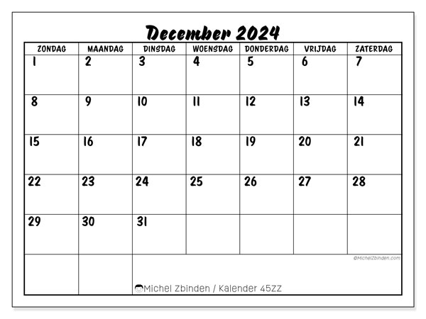 Kalender om af te drukken, december 2024, 45ZZ