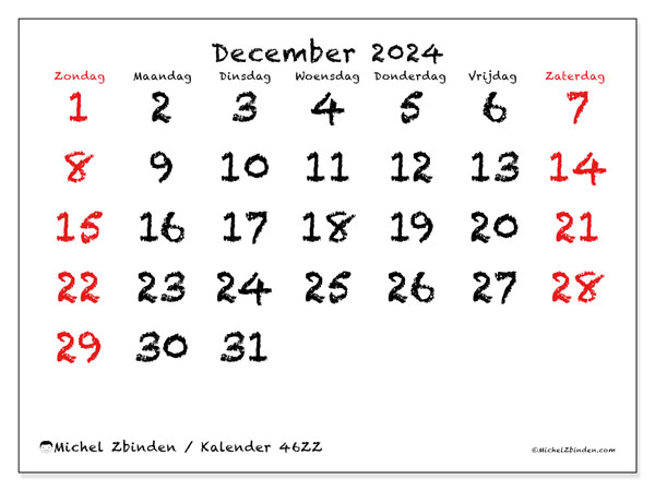 Kalender december 2024 “46”. Gratis printbare kaart.. Zondag tot zaterdag