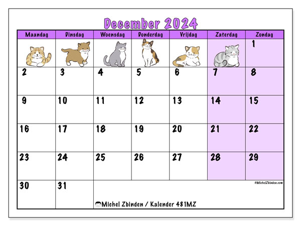 Kalender december 2024 “481”. Gratis afdrukbare kalender.. Maandag tot zondag