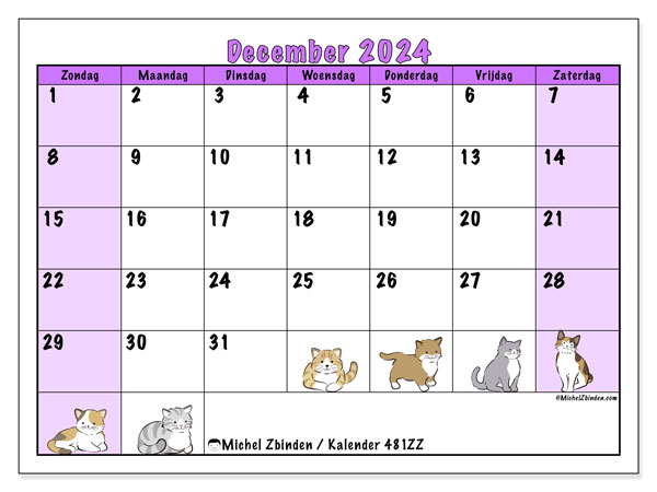 Kalender december 2024 “481”. Gratis afdrukbare kalender.. Zondag tot zaterdag