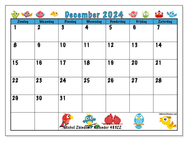 Kalender december 2024 “483”. Gratis af te drukken agenda.. Zondag tot zaterdag