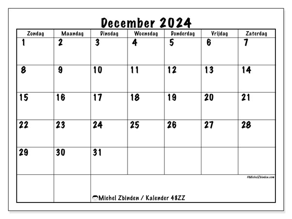 Kalender december 2024 “48”. Gratis afdrukbaar programma.. Zondag tot zaterdag