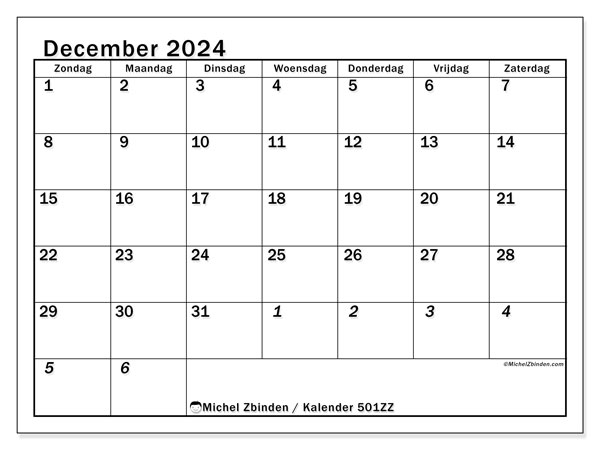 Kalender december 2024 “501”. Gratis printbare kaart.. Zondag tot zaterdag