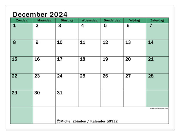 Kalender december 2024 “503”. Gratis printbare kaart.. Zondag tot zaterdag