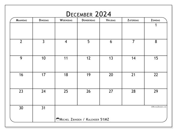 Kalender december 2024 “51”. Gratis af te drukken agenda.. Maandag tot zondag