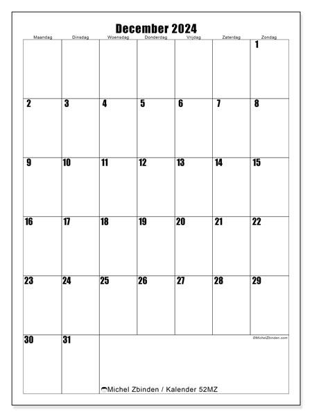 Kalender december 2024 “52”. Gratis af te drukken agenda.. Maandag tot zondag