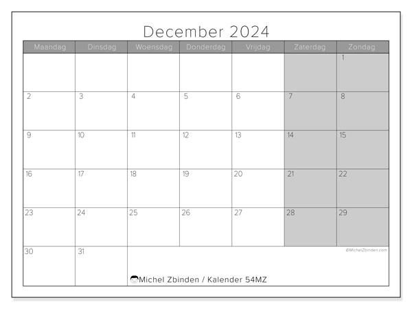 Kalender december 2024 “54”. Gratis printbare kaart.. Maandag tot zondag