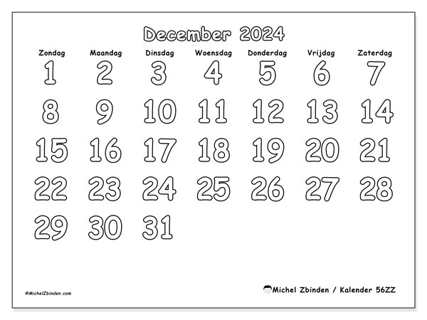 Kalender december 2024 “56”. Gratis printbare kaart.. Zondag tot zaterdag
