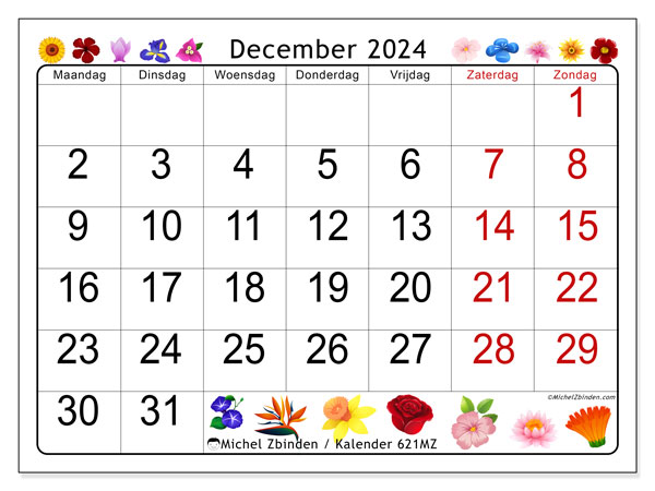 Kalender december 2024 “621”. Gratis afdrukbaar programma.. Maandag tot zondag