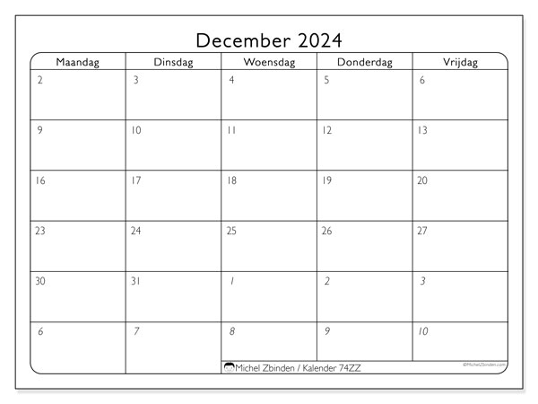Kalender december 2024, 74ZZ. Gratis printbaar schema.