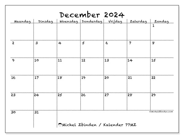 Kalender december 2024 “77”. Gratis af te drukken agenda.. Maandag tot zondag