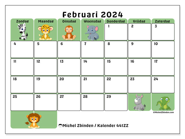 Kalender februari 2024, 441ZZ. Gratis afdrukbare kalender.