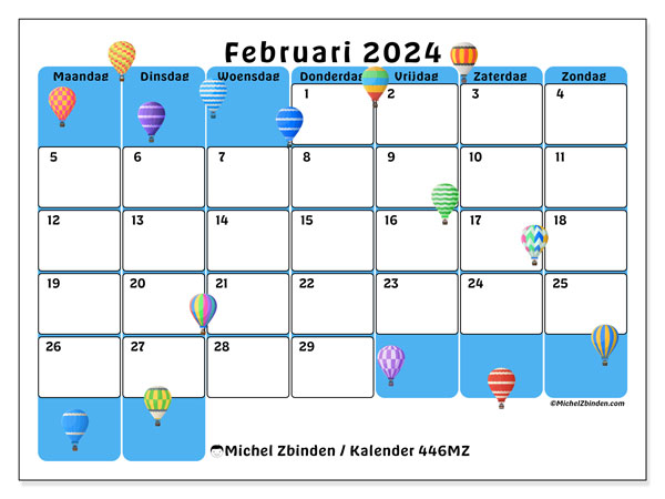Kalender februari 2024 “446”. Gratis afdrukbare kalender.. Maandag tot zondag