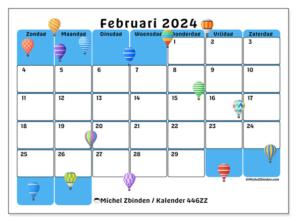 Kalender februari 2024, 446ZZ. Gratis afdrukbaar programma.