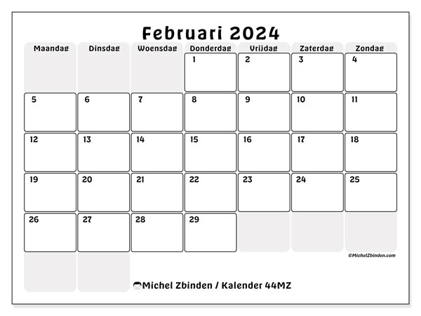 Kalender februari 2024, 44ZZ. Gratis afdrukbaar programma.