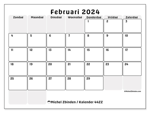 Kalender februari 2024 “44”. Gratis printbaar schema.. Zondag tot zaterdag