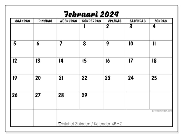 Kalender februari 2024, 45ZZ. Gratis afdrukbaar programma.
