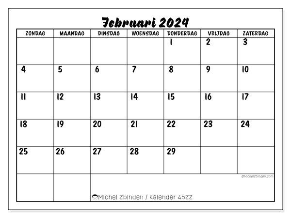 Kalender februari 2024 “45”. Gratis afdrukbare kalender.. Zondag tot zaterdag
