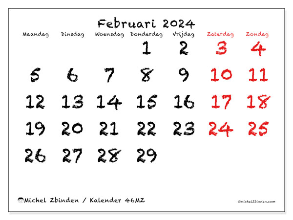 Kalender februari 2024 “46”. Gratis af te drukken agenda.. Maandag tot zondag