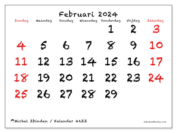 Kalender februari 2024 “46”. Gratis af te drukken agenda.. Zondag tot zaterdag