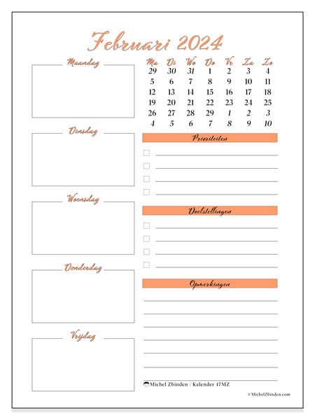 Kalender februari 2024 “47”. Gratis printbaar schema.. Maandag tot zondag