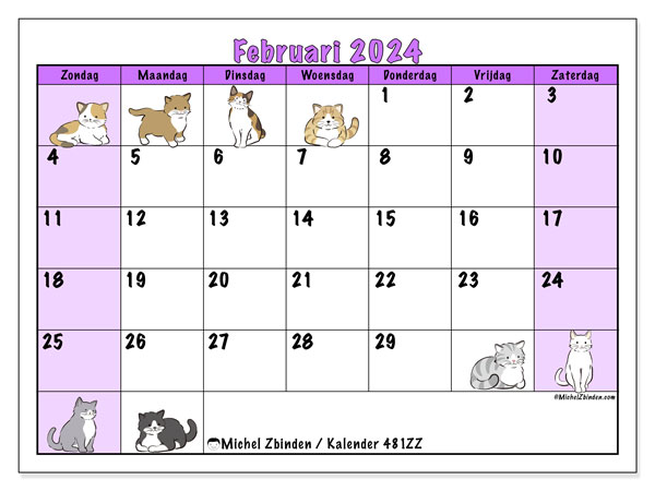 Kalender februari 2024 “481”. Gratis af te drukken agenda.. Zondag tot zaterdag