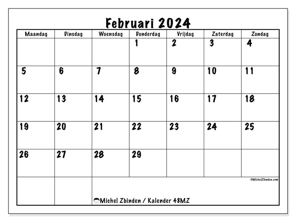Kalender februari 2024, 48ZZ. Gratis afdrukbaar programma.