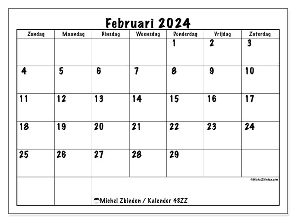 Kalender februari 2024 “48”. Gratis afdrukbare kalender.. Zondag tot zaterdag