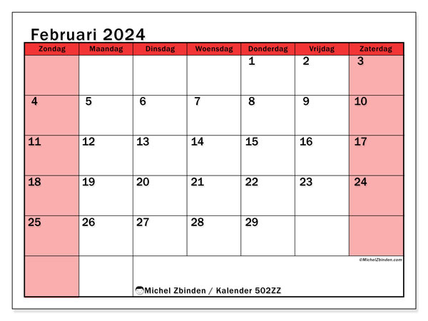 Kalender februari 2024 “502”. Gratis printbare kaart.. Zondag tot zaterdag