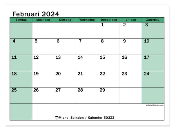 Kalender februari 2024 “503”. Gratis afdrukbaar programma.. Zondag tot zaterdag