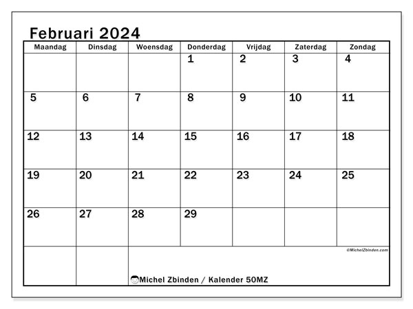 Kalender februari 2024, 50ZZ. Gratis afdrukbaar programma.